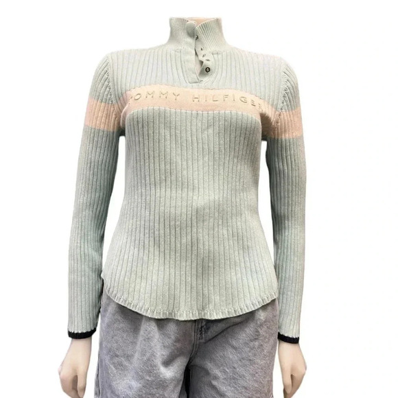 Tommy Hilfiger Vintage Ribbed Fitted  Blue White Sweater Size Large - Picture 1 of 10